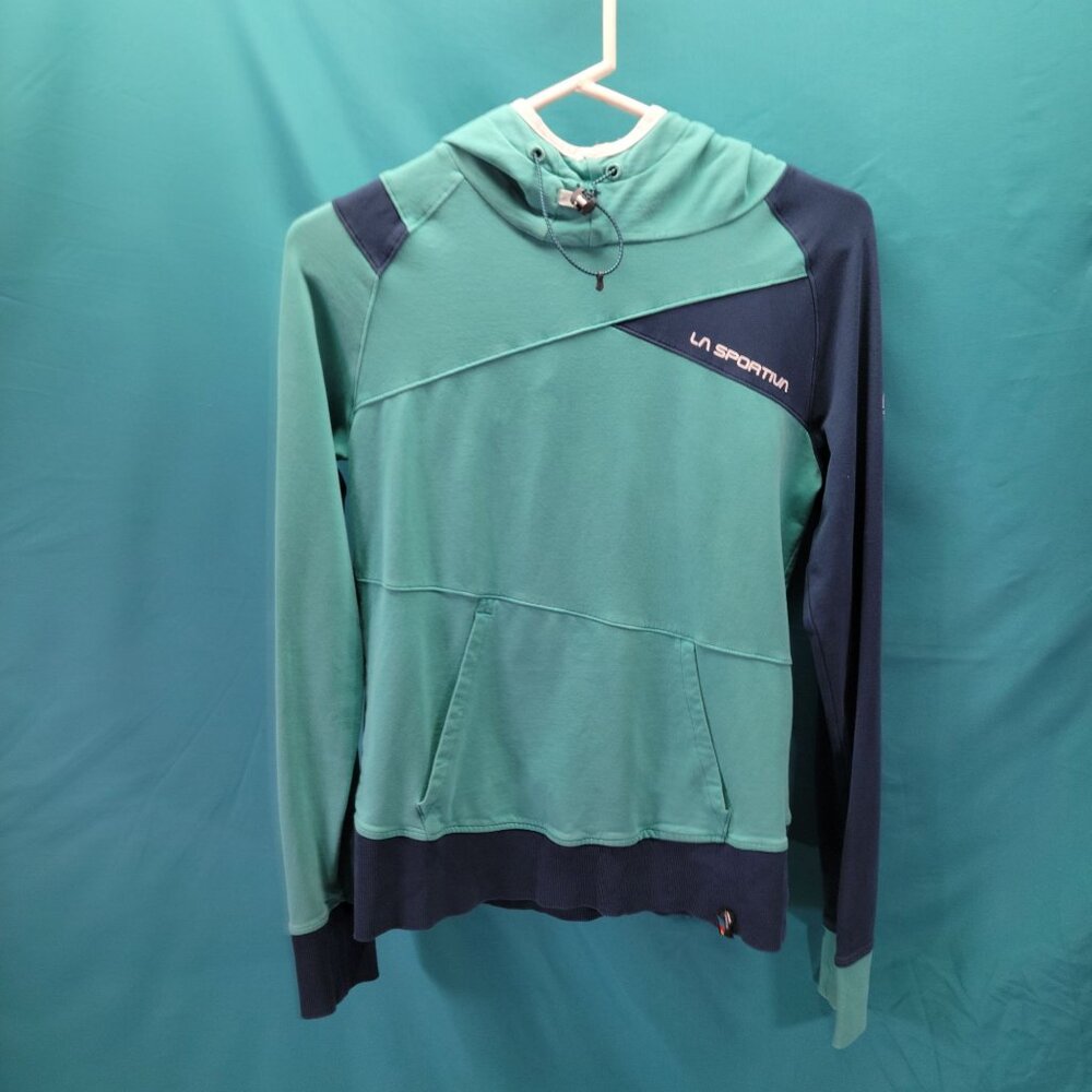 La Sportiva Womens Pullover Hoodie Small Organic Cotton Green & Navy